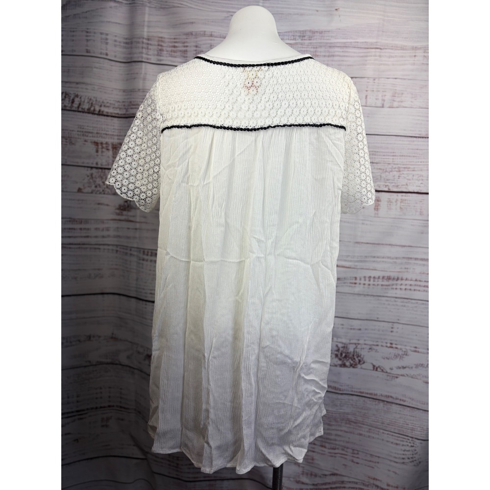 Sundance Ivory Lace Boho embellished Tunic Top Short Sleeve Black Pom Trim Large - Picture 4 of 8